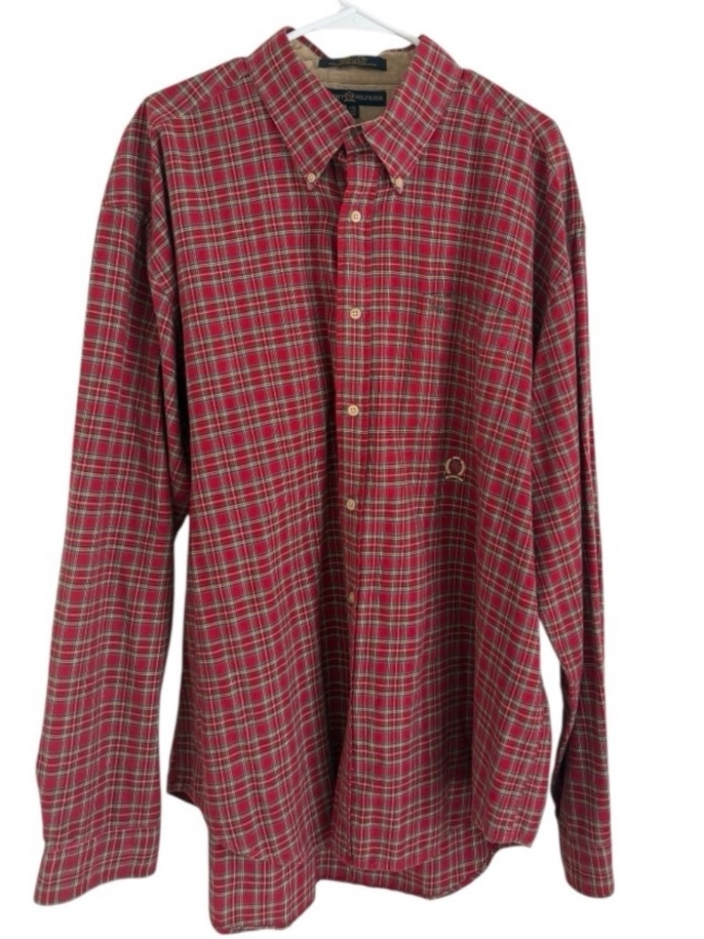 Tommy Hilfiger Vintage Red Plaid Crest Logo Flannel Shirt XXL 90s